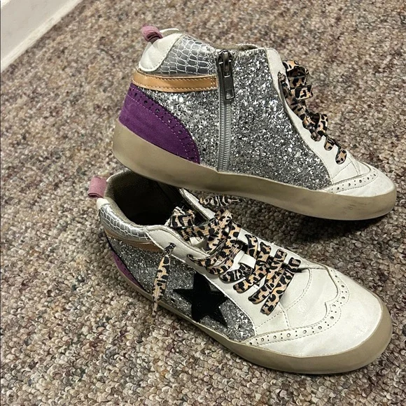 Kids Golden Goose Silver Glitter High-Top Sneakers size 4 - Picture 1 of 6